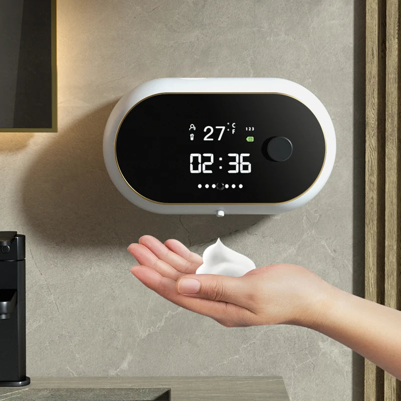 Distributeur automatique de savon en mousse sans contact Affichage de la température de l’heure Charge USB Distributeur de savon liquide à induction automatique étanche
