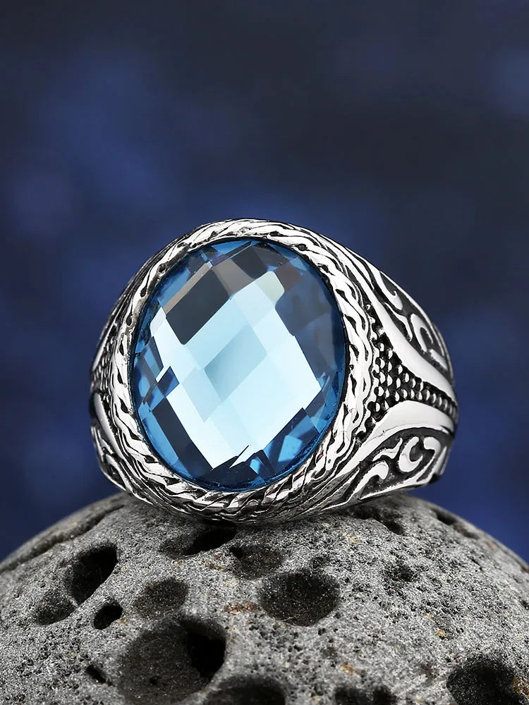 Bague Vintage en Acier Inoxydable 316L – Zircon Bleu Poli, Tendance 2025