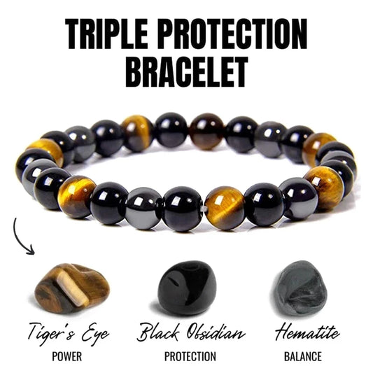 Bracelet de Protection – Obsidienne Noire, Hématite & Œil de Tigre