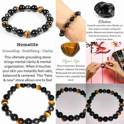 Bracelet de Protection – Obsidienne Noire, Hématite & Œil de Tigre