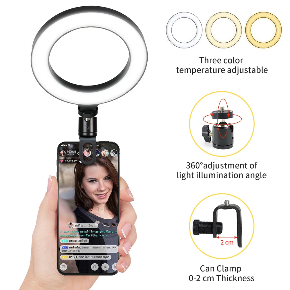6,3 pouces LED Ring Lights Round Lamp Selfie Live Streaming USB Desktop Clip pour Youtube Macbook PC Ordinateur portable Tiktok Stream