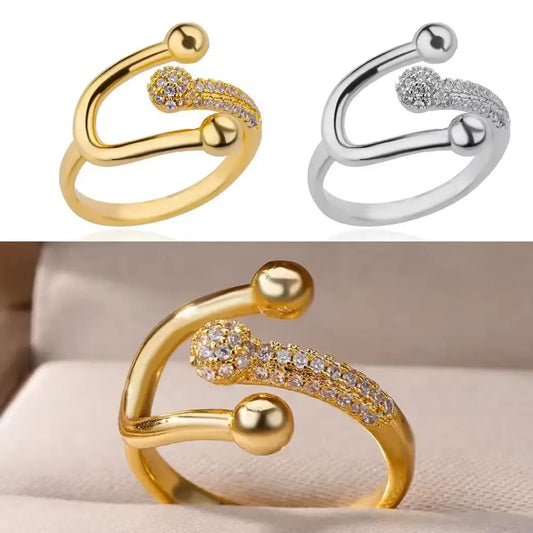 Bague ouverte ajustable en zircon micro-incrusté tendance, bague fer à cheval en or chic, bague minimaliste en cuivre pour femme.