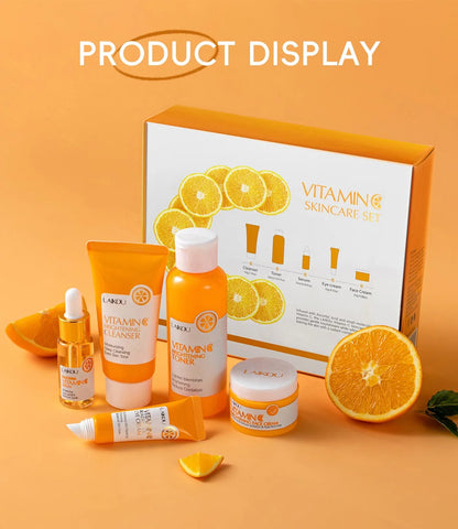 LAIKOU Ensemble de produits de soins de la peau de la série Vitamin C Ensemble de soins de la peau hydratante de 5 pièces Nettoyant Toner Essence Crème pour les yeux et crème pour le visage