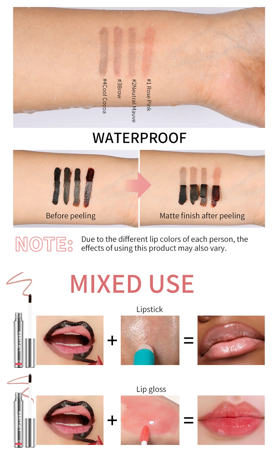 Crayon à lèvres hautement pigmenté Tatouage Matte Peel Off Améliorer le liner pour les lèvres Lasting Lip Stain Waterproof 4Colors Transfer-proof Lipstic