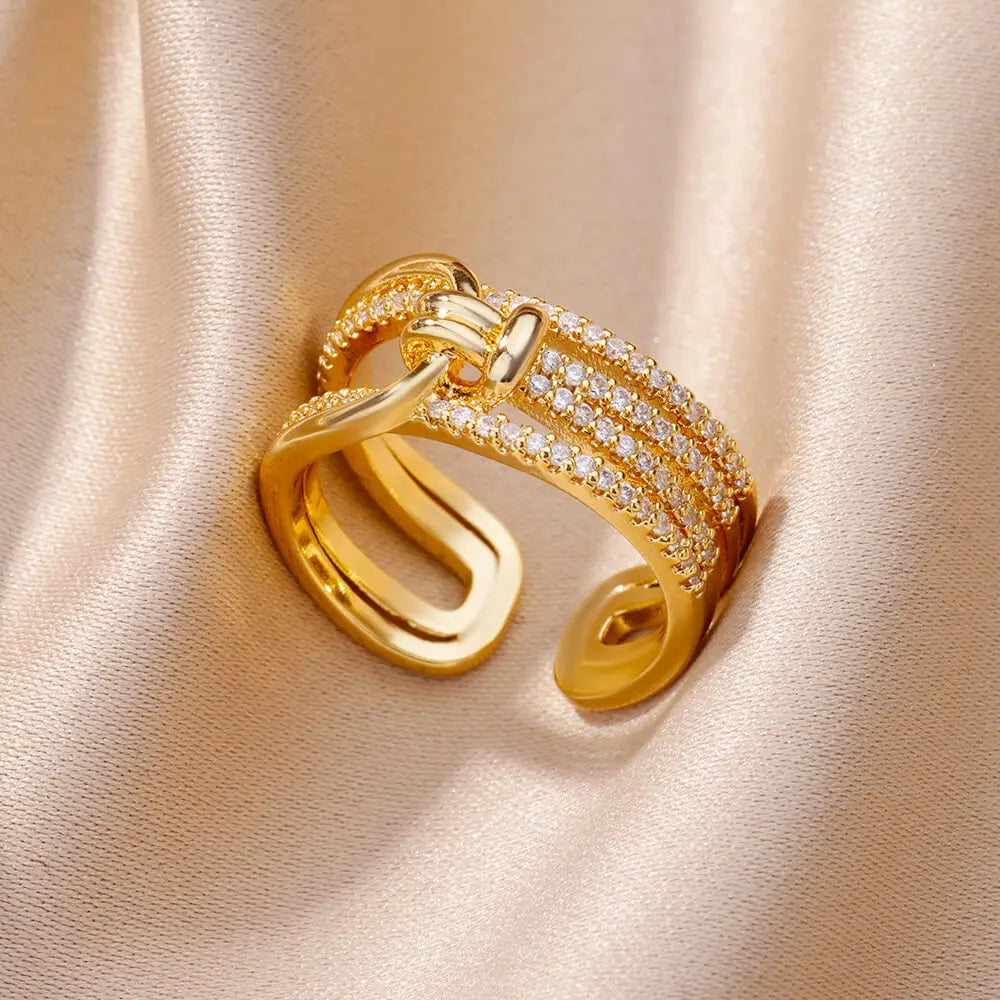 Bague Ouverte Femme en Acier Inoxydable Doré – Design Croix avec Zircon | Bijou Esthétique & Tendance – Idée Cadeau Mode