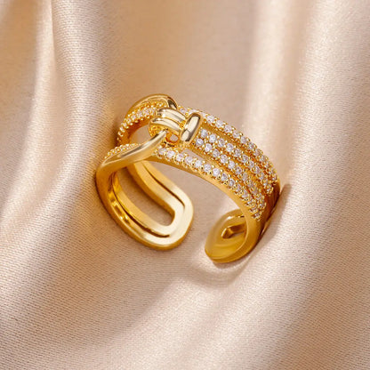 Bague Ouverte Femme en Acier Inoxydable Doré – Design Croix avec Zircon | Bijou Esthétique & Tendance – Idée Cadeau Mode