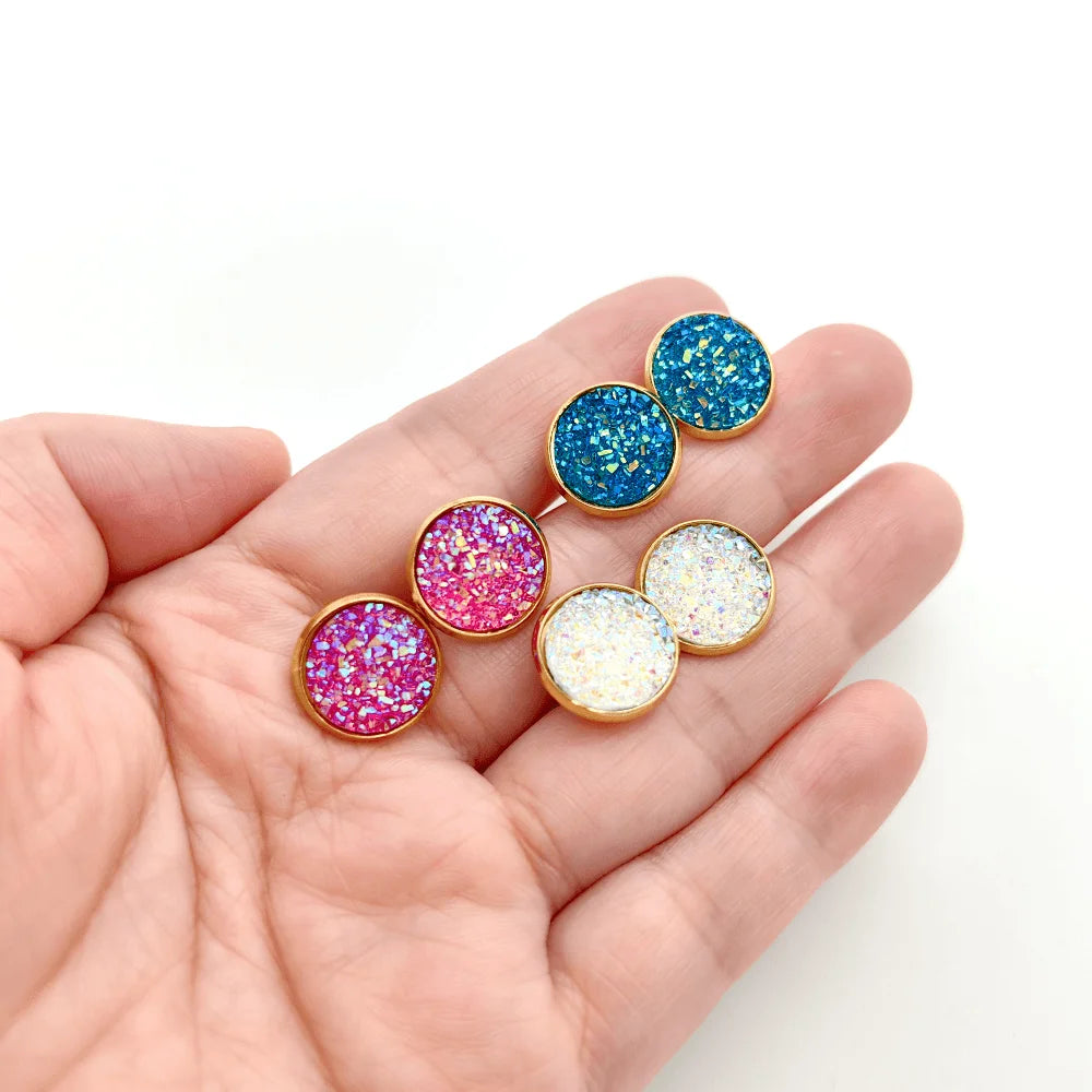 Gold Plated Artificial Druze Earrings for Women Teens,Stainless Steel Drusy Stone Stud Earring,Kpop Y2K Jewelry,Party Gifts