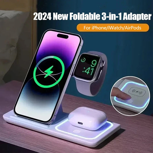 Chargeur sans fil 3 en 1 LED Light Support de téléphone pour iPhone 15 14 13 12 iWatch 8 7 6 AirPods Station de charge rapide pliable