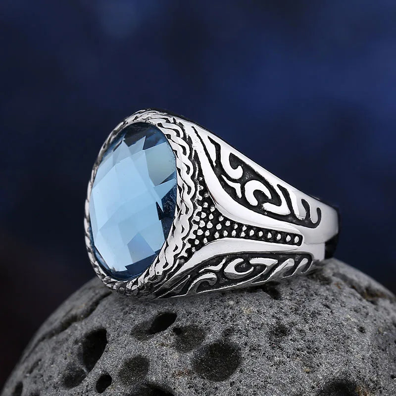 Bague Vintage en Acier Inoxydable 316L – Zircon Bleu Poli, Tendance 2025