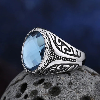 Bague Vintage en Acier Inoxydable 316L – Zircon Bleu Poli, Tendance 2025