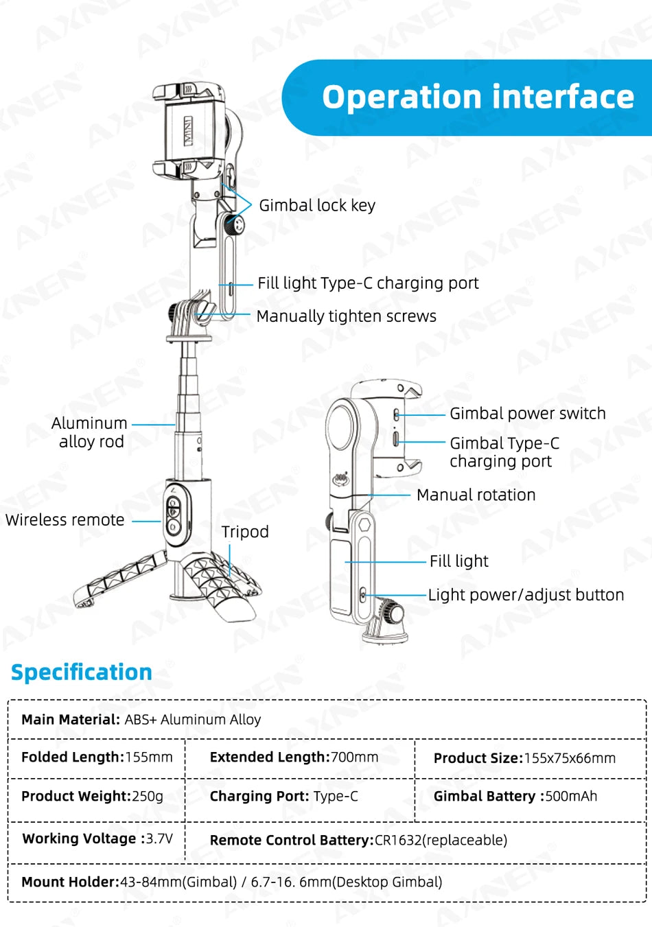 Rotation à 360° suivant le mode de prise de vue Stabilisateur de cardan Selfie Stick Trépied pour iPhone.