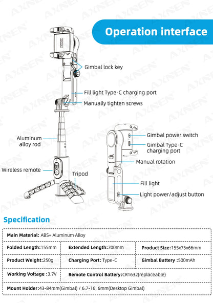 Rotation à 360° suivant le mode de prise de vue Stabilisateur de cardan Selfie Stick Trépied pour iPhone.