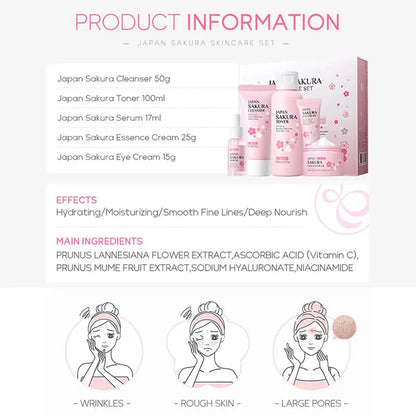 Sakura Lot de 5/3 soins pour le visage, sérum, tonique, nettoyant pour le visage, crème solaire, pour les yeux, coffret cadeau