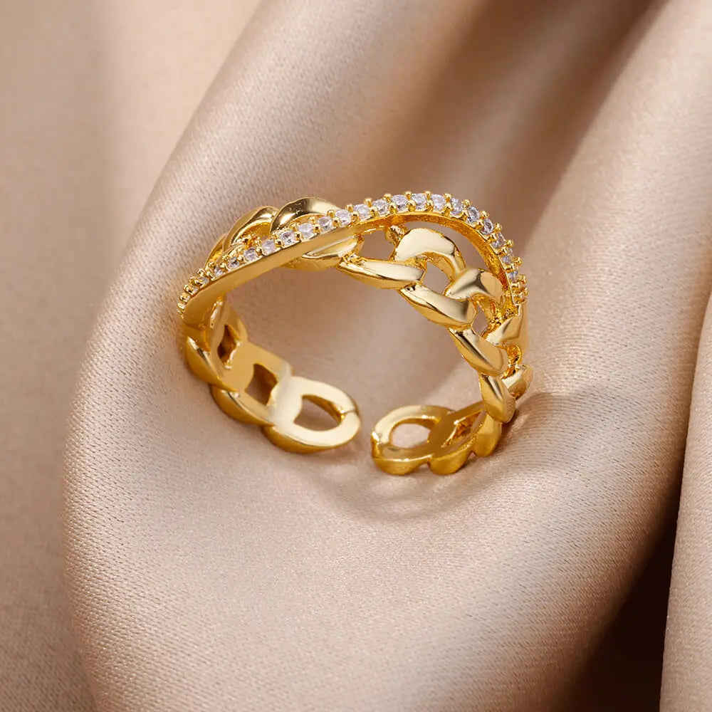 Bague Ouverte Femme en Acier Inoxydable Doré – Design Croix avec Zircon | Bijou Esthétique & Tendance – Idée Cadeau Mode