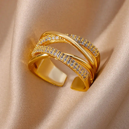 Bague Ouverte Femme en Acier Inoxydable Doré – Design Croix avec Zircon | Bijou Esthétique & Tendance – Idée Cadeau Mode