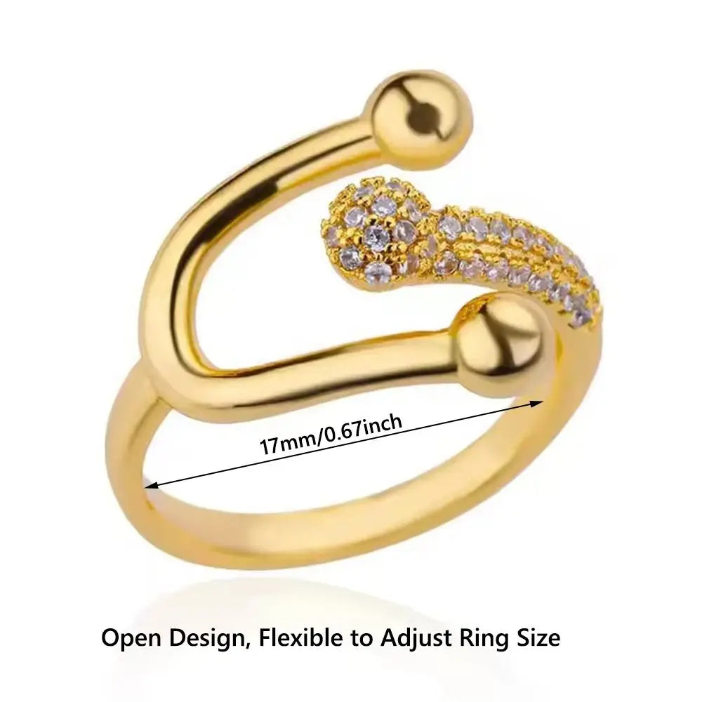 Bague ouverte ajustable en zircon micro-incrusté tendance, bague fer à cheval en or chic, bague minimaliste en cuivre pour femme.