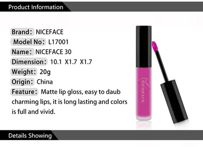 NICEFACE Hot Color Lip Gloss Waterproof Matt Lipgloss Lasting Nude Liquid Lipstick Cosmetic Sexy Women Lip Tint Makeup Lip Stain