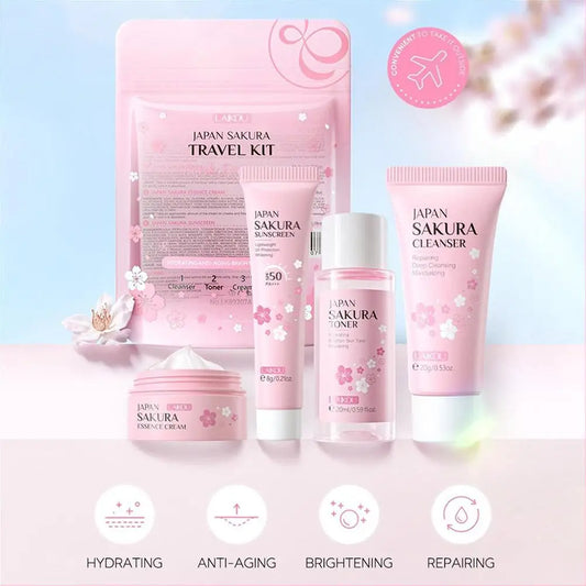 4pcs/Bag Sakura Skin Care Sets Facial Cleanser Face Face Toner Sunscreen Hydratant Lissant Nourrissant Produit de soins de la peau