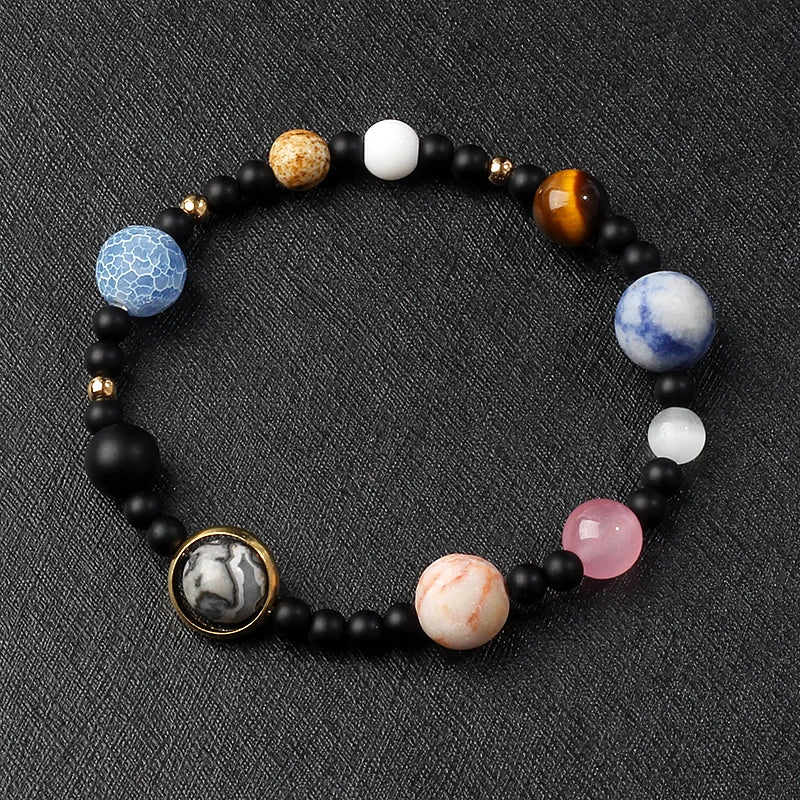 🌌 Bracelet Galaxie – 8 Planètes du Système Solaire & Étoile Gardienne