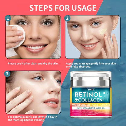 Rétinol Crème pour le visage anti-âge Hydratant Dérivant Collagène Crèmes à l’acide hyaluronique Soins de la peau 50ML