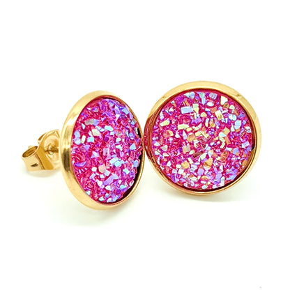 Gold Plated Artificial Druze Earrings for Women Teens,Stainless Steel Drusy Stone Stud Earring,Kpop Y2K Jewelry,Party Gifts