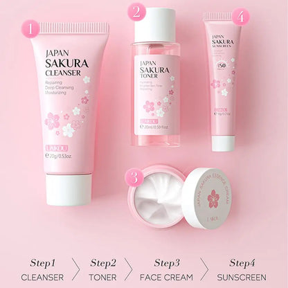 4pcs/Bag Sakura Skin Care Sets Facial Cleanser Face Face Toner Sunscreen Hydratant Lissant Nourrissant Produit de soins de la peau