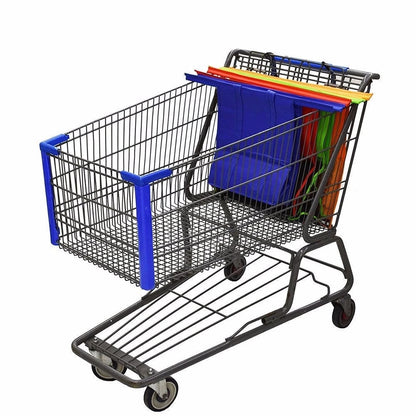 Chariot pliable avec sacs de rangement réutilisables écologiques de différentes couleurs.