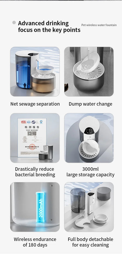 Fontaine à Eau Automatique Sans Fil 3L – Rechargeable & Intelligente | Distributeur pour Chats et Chiens – Sans Filtre