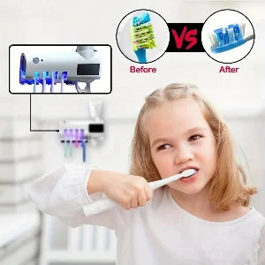 Wall mounted toothpaste dispenser with 4 toothbrush slots, toothbrush cleaning rack, bathroom accessories, no drilling required