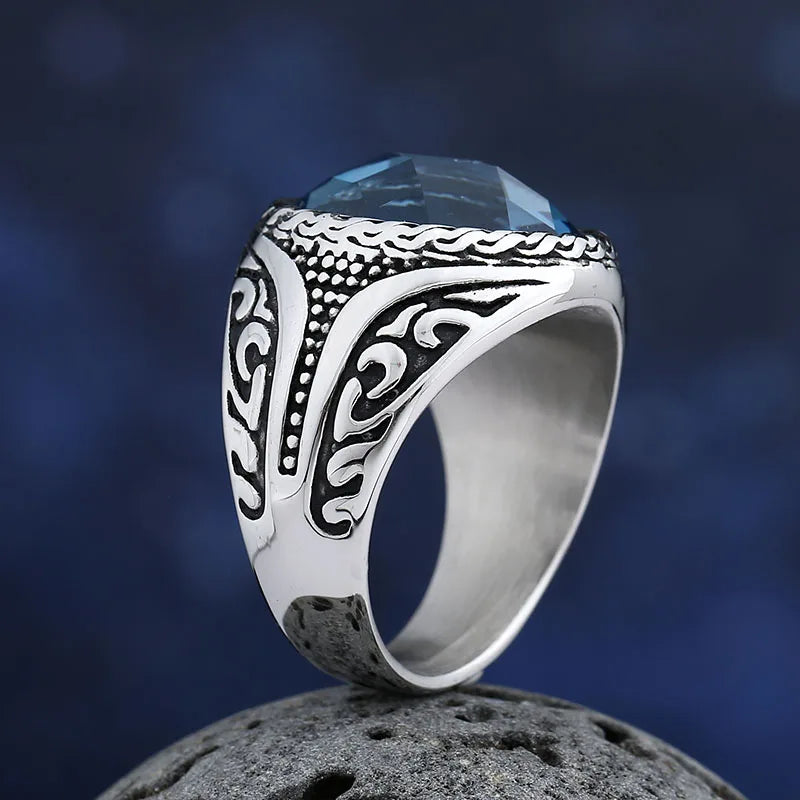Bague Vintage en Acier Inoxydable 316L – Zircon Bleu Poli, Tendance 2025