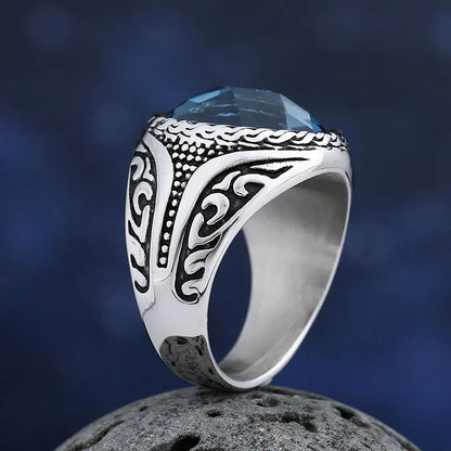 Bague Vintage en Acier Inoxydable 316L – Zircon Bleu Poli, Tendance 2025