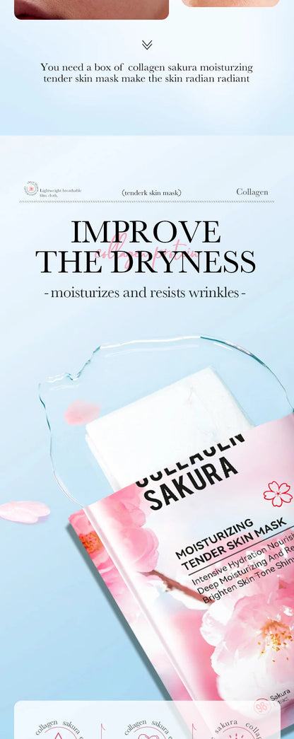5pcs SADOER Sakura Face Mask Facial Skincare Moisturizing Brightening Hydrating Firming Collagen Facial Masks Face Sheet Mask