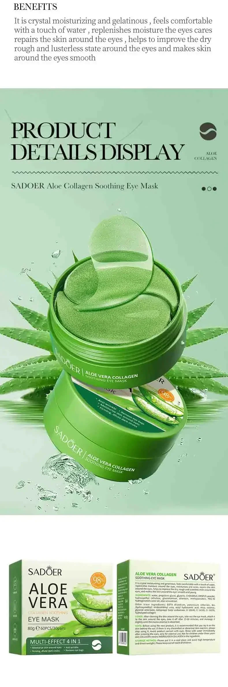 60pcs Aloe Vera Collagène Masque pour les yeux Anti-cernes Élimination des cernes Sacs pour les yeux Hydratant Rafermir Patchs pour les yeux Produits de soins de la peau des yeux