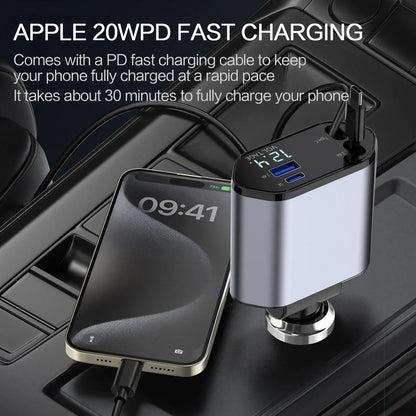 Chargeur de voiture rétractable 4 en 1 Chargeur de voiture à charge rapide avec câble USB de type C et 2 ports de charge de type C, chargeur de voiture universel