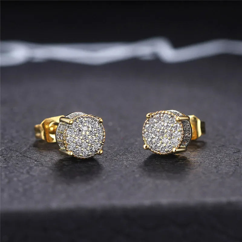 Huitan Fancy Round Shaped Stud Earrings Paved Shiny CZ Stone Silver Color/Gold Everyday Fashion Versatile Women’s Ear Jewelry