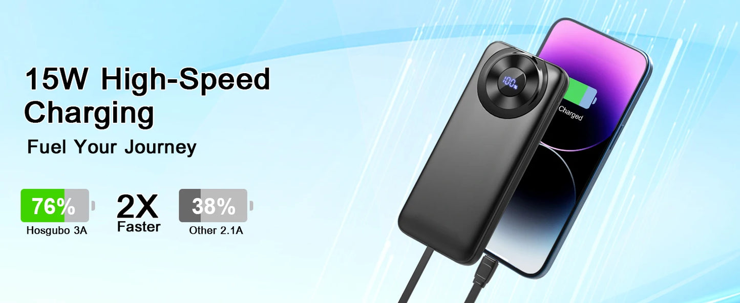 Chargeur portable 10000mAh, Power Bank de charge à grande vitesse avec câble intégré 5V/3A Slim Battery Pack, USB-C in&Out Powerbank.