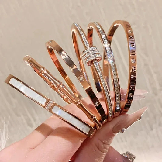 Bracelet Luxe en Acier Titane – Or Rose & Zircon Scintillant