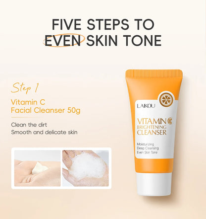 LAIKOU Ensemble de produits de soins de la peau de la série Vitamin C Ensemble de soins de la peau hydratante de 5 pièces Nettoyant Toner Essence Crème pour les yeux et crème pour le visage