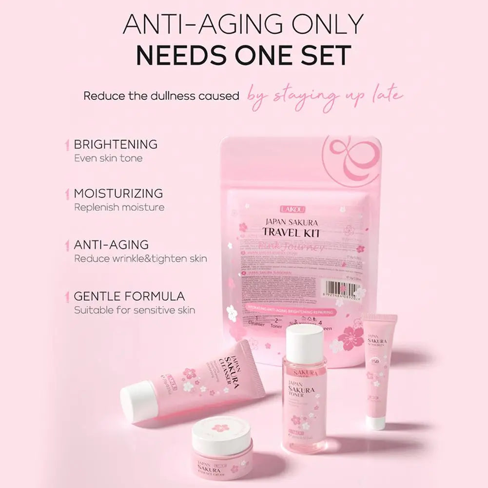 4pcs/Bag Sakura Skin Care Sets Facial Cleanser Face Face Toner Sunscreen Hydratant Lissant Nourrissant Produit de soins de la peau