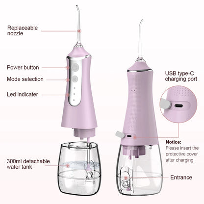 Dental Oral Irrigator Water Wire Teeth Wire Pick Mouth Washing Machine 5 Nozzles 3 USB Modes Rechargeable 300ml Tank