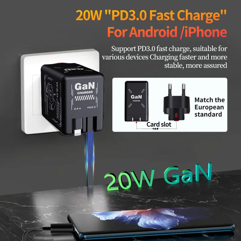 Chargeur 2-en-1 GaN 120W – Câble rétractable Type-C & Lightning | Adaptateur Portable Universel (F3)