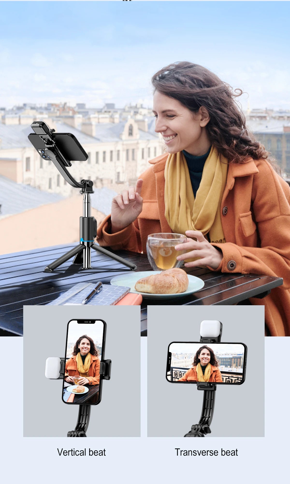Trépied C01s Selfie Stick avec lumière de remplissage, monopode détachable de support de téléphone, télécommande Bluetooth sans fil pour Huawei iPhone Android