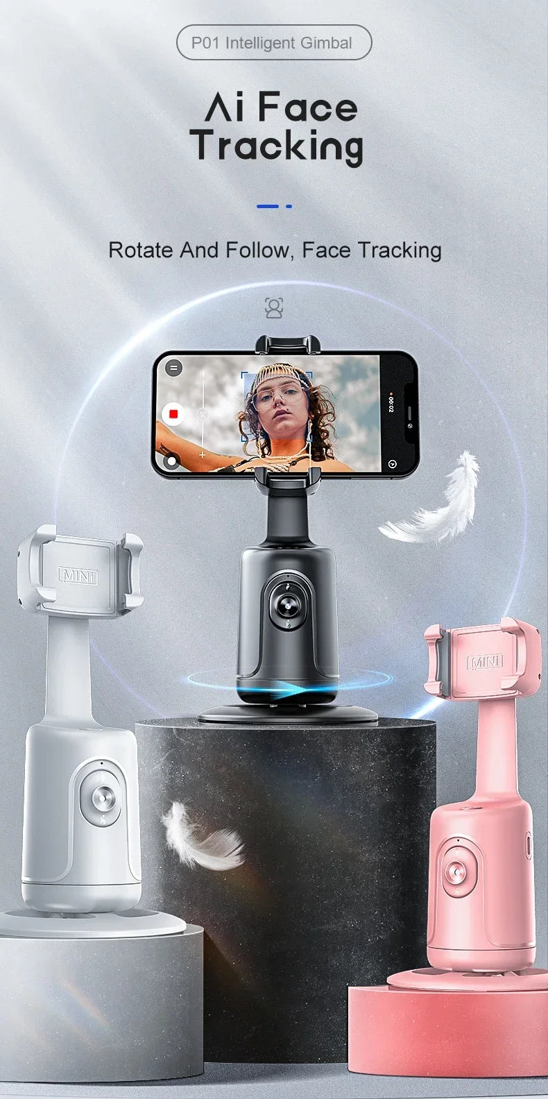 Rotation à 360 Suivi automatique du visage, trépied Smart Selfie Stick Suivi rapide, visage et des objets Cameraman Robot Mount
