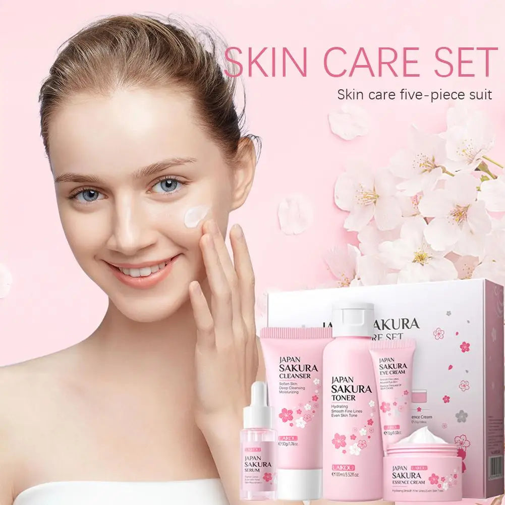 Sakura Lot de 5/3 soins pour le visage, sérum, tonique, nettoyant pour le visage, crème solaire, pour les yeux, coffret cadeau