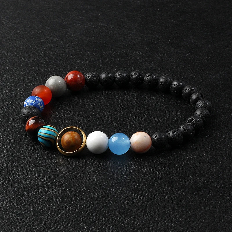 🌌 Bracelet Galaxie – 8 Planètes du Système Solaire & Étoile Gardienne