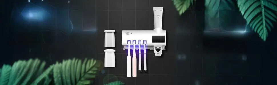 Wall mounted toothpaste dispenser with 4 toothbrush slots, toothbrush cleaning rack, bathroom accessories, no drilling required