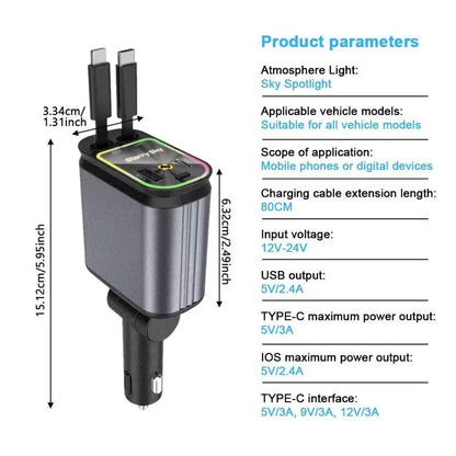 Chargeur de voiture 4 en 1 avec projecteur de ciel étoilé Chargeur de voiture rétractable avec câble de charge et 2 ports de charge, chargeur de voiture universel