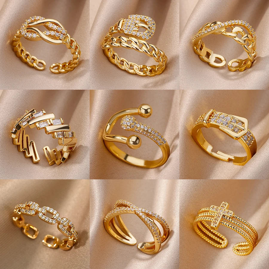 Bague Ouverte Femme en Acier Inoxydable Doré – Design Croix avec Zircon | Bijou Esthétique & Tendance – Idée Cadeau Mode