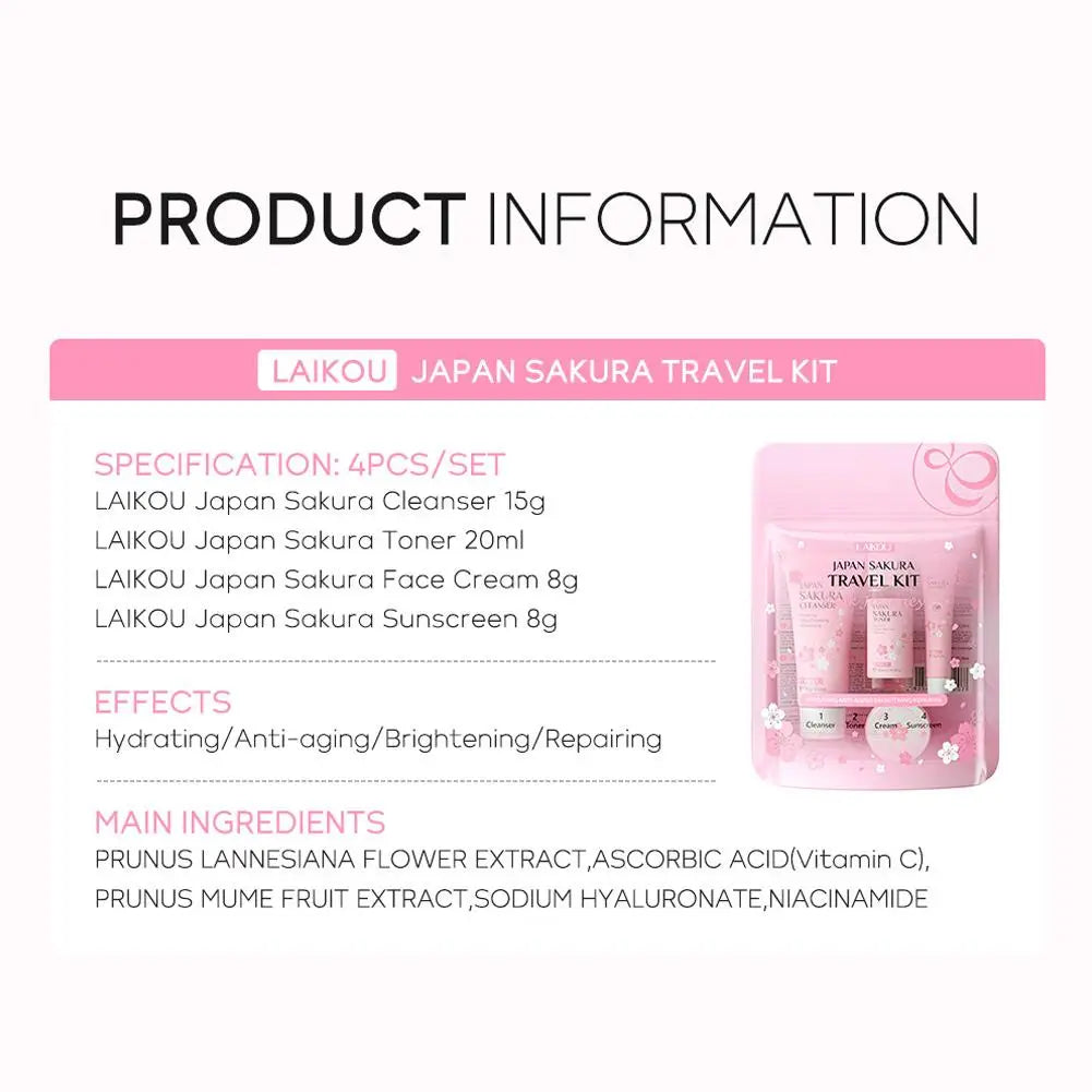 4pcs/Bag Sakura Skin Care Sets Facial Cleanser Face Face Toner Sunscreen Hydratant Lissant Nourrissant Produit de soins de la peau