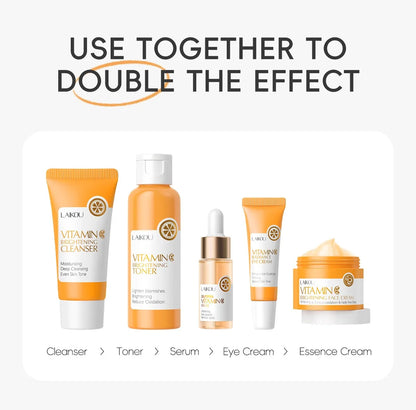 LAIKOU Ensemble de produits de soins de la peau de la série Vitamin C Ensemble de soins de la peau hydratante de 5 pièces Nettoyant Toner Essence Crème pour les yeux et crème pour le visage